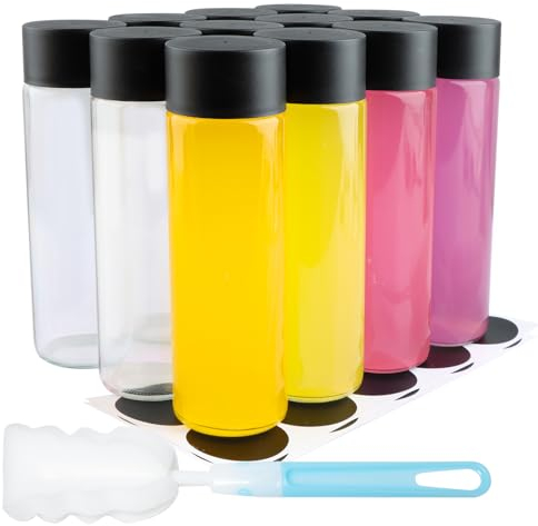 HWASHIN Leere Glas-Trinkflaschen mit schwarzem Deckel, Pinsel und Etiketten, transparent, wiederverwendbar, Saftflaschen zum Entsaften, hausgemachte Smoothies, Getränke, 350 ml, 12 Stück
