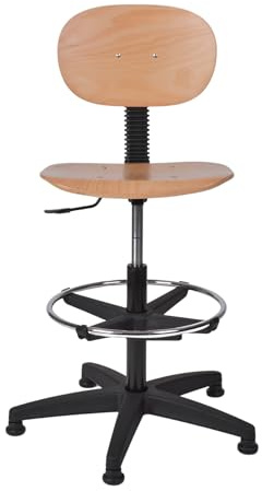 Topsit Silla de trabajo IND114 de madera de haya lacada clara, silla de laboratorio, altura del asiento regulable con elevador superior, anillo cromado, base de plástico en cruz con patas.
