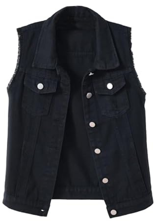 RWGSNB Smanicato Jeans Uomo, Gilet in Denim Gilet Casual Strappato Vintage Biker Gilet Cowboy Senza Maniche Gilet Giacca Gilet in Denim da Donna Aperto Davanti Camicia Cappotti con Tasche Nero M