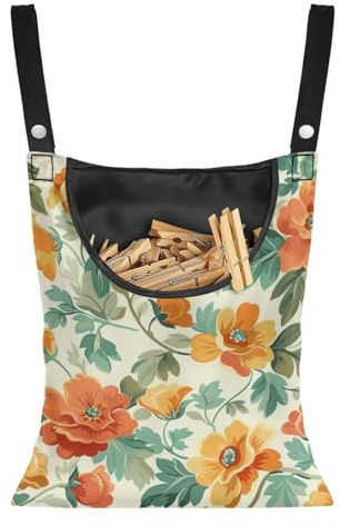 CREAMIC Art Flower Clothespin Bag Clothes Pin Hanging Bag Clothespin Bag with Hanging Hook 12 x 14.6 Inch Laundry Clothes Pin Holder Waterproof Clothes Pin Hanging Bag Clothespin Storage
