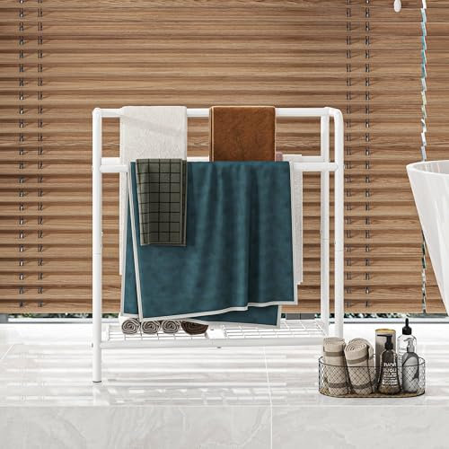 HAHRIR Porte-serviettes en métal à 3 niveaux - Petit porte-serviettes autoportant pour salle de bain, peu encombrant, chambre à coucher, salle de bain, piscine - Blanc - 70 x 27 x 76 cm