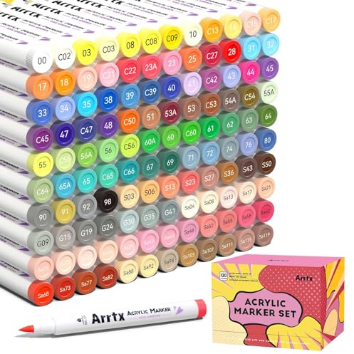 Arrtx Pennarelli acrilici 120 colori, pennarello acrilico con punta a pennello impermeabile per pittura su roccia, vetro, pietra, legno, ceramica, tessuto, metallo, asciugatura rapida per graffiti