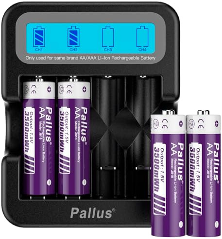 Pallus Batteria Ricaricabile al Litio AA da 4 Pezzi con Caricabatterie Rapido da 2 Ore, Alta Capacità da 3500 mWh, Tempi di Ciclo Superiori a 1600, Adatta per Telecamera Blink e Controller di Gioco VR