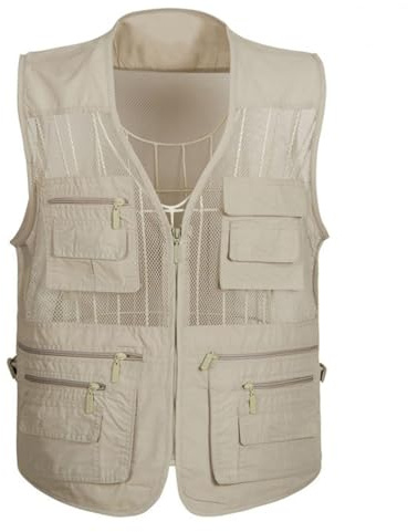 HZQIFEI Gilets de Pêche pour Hommes Gilet de Travail Plein air Photographie Sport Multi-poches Gilet Veste Sans Manches MJ18 (Beige, 4XL)