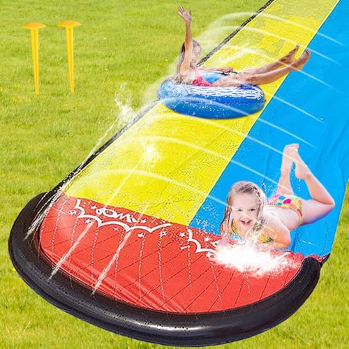 610cm x 140cm Wasserrutsche, Doppel Wasserrutsche Garten für Kinder Wasserrutschmatte mit Sprinkler Outdoor Doppel Wasser Rutsche Sommer Wasserspielzeug Rasen Wasserrutsche Rutschmatte für Kinder