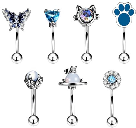 JewelryWe 7 st ögonbrynspiercing böjd barbell piercing: 16 g rostfritt stål fjäril hjärta katt tastryck klo blomma ögonbryn läppar rook piercing set helix tragus cartilage öronpiercing, Kubisk