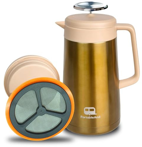 PortableAnd 34oz Double Vacuum Insulation Large Silicone French Press Coffee Maker, Metal Stainless Steel, Matte Black, Perfect for Camping, Travel, and At-Home Use (Light Gold)