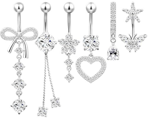 AOOSA 6 Pcs Piercing Ombelico per Donna, Eccellente Ombelico Gioielli Piercing Set, Navel Piercings Adatto Rgazze, Anello Con ombelico Pendente per Abbinamenti con Vari Outfit, Argento