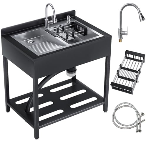 Lavabo autoportante in acciaio inox con 2 vasche per esterni, lavello da cucina con scolapiatti e rubinetto estraibile e tubi per acqua calda fredda, lavandino a mano per cucina, giardino