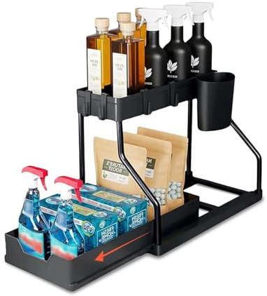 Avilia - Organizer Sottolavello Estraibile a 2 Livelli, Cassetto Scorrevole Salvaspazio con Secchiello Laterale e 4 Ganci, Multiuso Cucina, Bagno e Lavanderia, Scrivania.