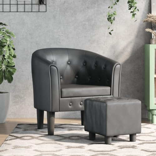 Ziaphsol Fauteuil club avec repose-pieds, en cuir synthétique, gris, 70 x 56 x 68 cm, fauteuil rembourré, pour salon, chambre à coucher, bureau, siège confortable, structure en bois robuste