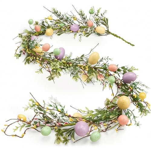 Guirnalda de Pascua de 5.6 a 5.9 pies, Coronas de Pascua para Puerta de Entrada con Huevos y Bayas de Colores, Guirnalda de Primavera para Arco de Manto rústico, decoración de árbol de Mesa para el h