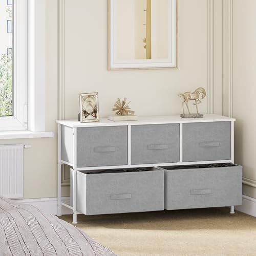 Chest of Drawers for Bedroom, Wide Fabric Storage Cabinet with 5 Drawers, Organiser Unit with Wooden Top & Metal Frame, Lightweight Dresser for Living Room Hallway Dorm, Grey