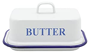 Karl Krüger Emaillierte Butterdose Serie Husum, 17 x 12 x 9 cm, 120252, Weiß mit Blauen Rand
