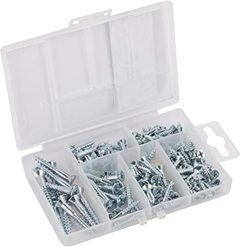 Connex Juego de tornillos para madera (175 piezas, DIN 7997, varios tamaños, cabeza avellanada, accionamiento PH Phillips, galvanizado, juego de tornillos con tacos, caja surtida, DP8500116)