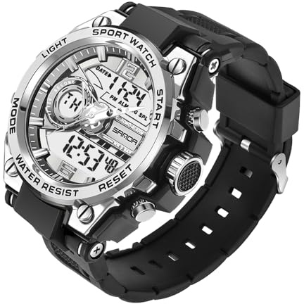 KXAITO Montres de sport pour homme, étanche, militaire, date, tactique, LED, alarme, chronomètre, pour homme (6092_argent), 6092_Blanc nacré, Large