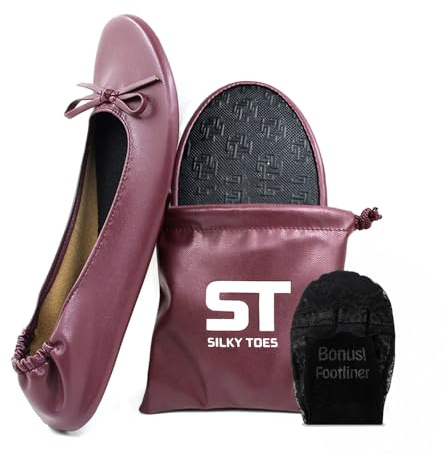 Silky Toes Women’s Foldable Ballet Flats - Portable Roll-Up Slippers for Purse, Travel, or Events - Comfortable Ballerina Shoes, Burgundy, Medium