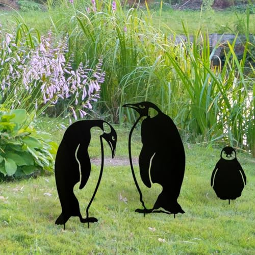 Lin's Wood 3 Picchetti in Metallo da Giardino per Pinguini, Decorazione per Animali, Accessori Decorativi per Esterni e Ornamenti per Prato, Colore: Nero