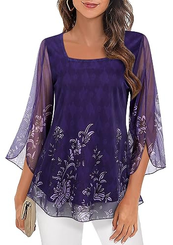 Syphiby 3/4 Sleeve Ladies Summer Tops, Plus Size Tops for Women uk, Floaty Shirts for Womens,Women's Elegant Ruffle Chiffon Blouses Floral Purple Tops, Flowy 3/4 Sleeve Tunic Blouses