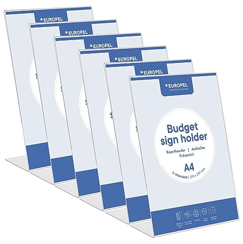 Europel Budget bordsstativ, paket med 6 st, L-stativ, DIN A4 hög, kristallklar polystyren 1,5 mm, meny- och broschyrstativ för restauranger, hotell, konferens och reception