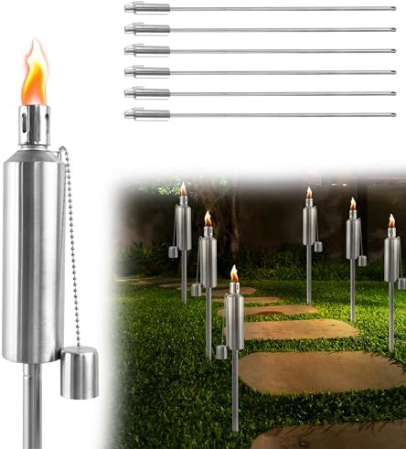 CEEDIR 12 antorchas de jardín para exteriores, de acero inoxidable, 115 cm, aceite de 330 ml, antorchas de aceite, antorchas de aceite, antorchas de larga duración de combustión, plata, para aceite de