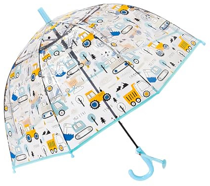 Meichoon Kinder-Regenschirm Bulldozer-Muster Transparent 70cm/27.5 Kuppel Wind- und Regensicher Automatisch öffnend Blau
