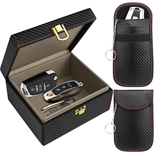 Keyless Go Faraday Box & Bags (2 Schwarz) Strahlenschutz Keyless Go Schutz Box mit 2 Stück Signalblockiertasche, 5–7 Autoschlüssel, Abschirmung RFID Autoschlüssel Safe Hülle, 140 * 123 * 74 mm