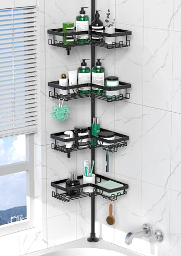 DAOYA Corner Shower Caddy Tension Pole - 4 Tier Stainless Steel Rustproof Shower Corner Caddy for Bathtub Bathroom Shower Organizer Shelves Adjustable Pole 25-114.2 Inch Black