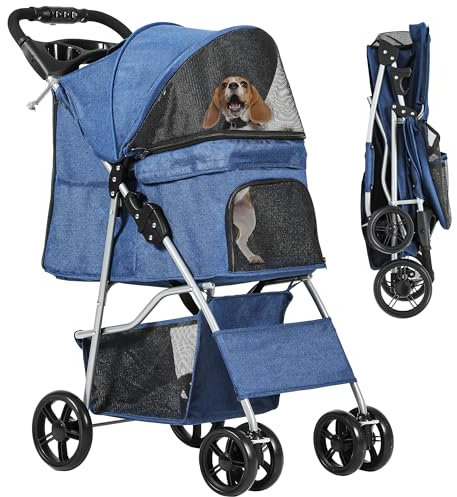 YITAHOME Hundewagen Haustiere Buggy bis 15kg, Hundebuggy mit Netzfenstern & Getränkehalter & Ablagekorb, Katzenbuggy für Hunde Katzen (Blau)