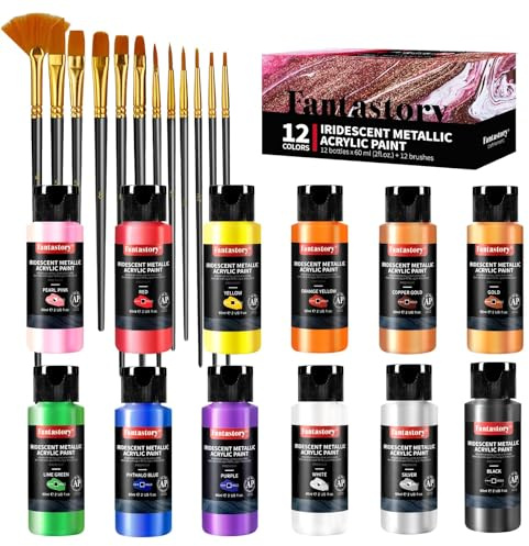 Fantasory Juego de pintura acrílica, colores metalizados iridiscentes, con 12 pinceles, 12 x 60 ml, cambio de color, para metal/lienzo/roca/piedra/cerámica/maquetas/madera