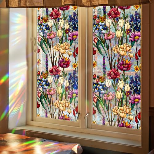 GORGECRAFT 39.4x17 Inch Wildflower Rainbow Window Privacy Film - UV Protection, Static Cling, Non-Adhesive, Reusable