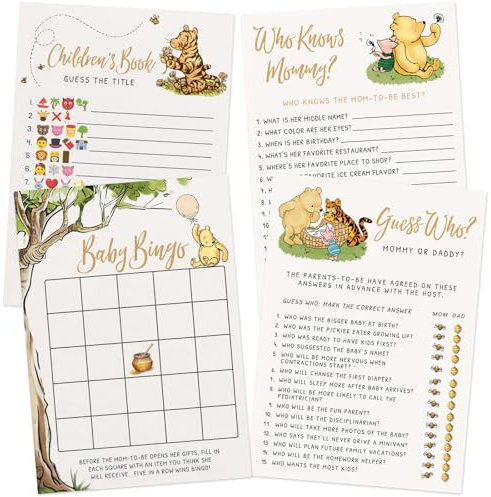 Printed Party Winnie Baby Shower Game Set – 4 Games with Classic Pooh Theme for 30 Guests, Includes Bingo, Mommy-to-be Trivia, Storybook Icon Guessing, and Guess Who, Bear Theme for Boy or Girl