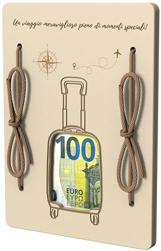EQUIK PRODUCTS Cartolina in Legno da Viaggio | Regalo Creativo per Viaggiatori | Custodia o Portafoglio per Banconote | Cartolina con Motivo in Legno (Valigia Magica)