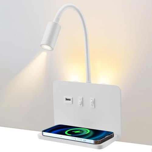 Lampada da lettura a parete con caricatore wireless, 9 W + 3 W, lampada da lettura con interruttore e ricarica USB, lampada da parete a LED, luce da lettura a 360°, con spina e cavo per camera da
