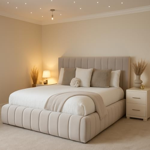 S&W DECORE 5FT King Bed Frame With Headboard Upholstered In Plush Velvet Cream Bed Wooden Slats - No Storage - No Mattress (Cream Plush, 5FT King - No Mattress)