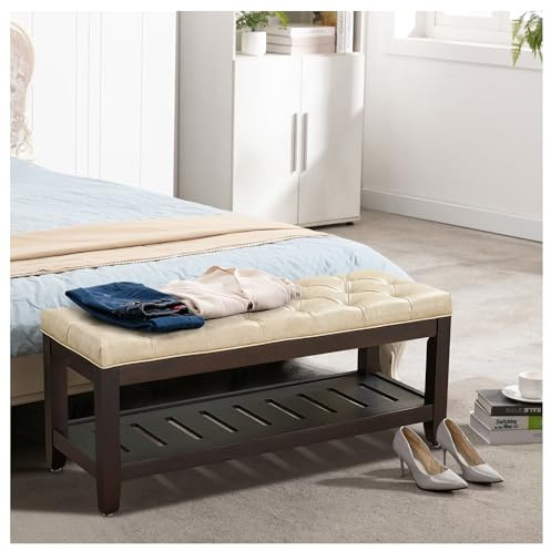 UDAX 44 Ottoman Bench, Upholstered End of Bed Bench, Oversized Footrest with Wood Shelf torage Storage Bench for Bedroom, Entryway, Living Room, Beige(PU)