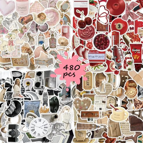 480 Stück Vintage Sticker Set, Ästhetische Aufkleber in 4 Farben – Rosa, Rot, Braun & Schwarzweiß – für Scrapbooking, Laptop, Tagebuch, Wasserflasche, DIY Dekoration