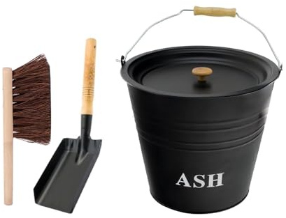 12L Metal Ash Bucket with Lid, Brush & Shovel – Steel Coal Holder with Wooden Handle for Fireplace, Fire Pit, BBQ, Wood Burning Stove & Hearth – Ash Bin Storage Container Set