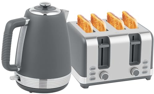 HOMCOM Stainless Steel Kettle and Toaster Set, 1.7L 3000W Rapid Boil Jug Kettle with UK Strix Thermostat, Limescale Filter, 4 Slice Toaster with 7 Browning Controls, Crumb Tray, Grey and Silver Tone