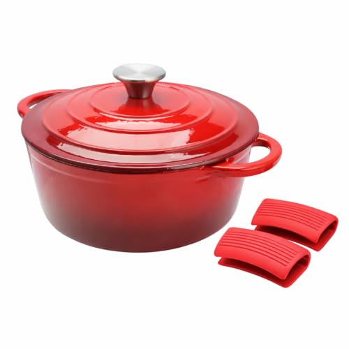 Everypan Éclat 5.5L Cast Iron Dutch Oven with Silicone Handle Covers, Enamelled Non-Stick Casserole Pot, Heavy-Duty Cookware for Baking, Braising, Slow Cooking,Roasting Dish & Stews Crimson Red 28cm