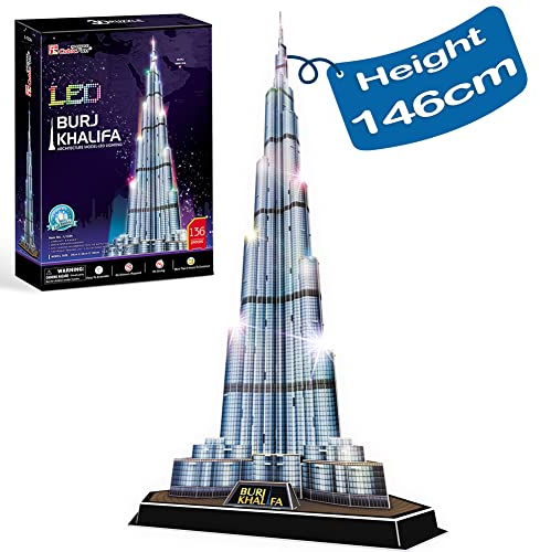CubicFun Puzzle 3D LED Dubaï Burj Khalifa Modèle avec Lumières Cadeau D'architecture pour Décoration de Bricolage et Cadeaux Souvenirs, Puzzles 3D pour Adultes et Enfants, 136 Pièces