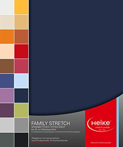 Heike Spannbettlaken Jersey Family Stretch 97% Mako-Baumwolle 3% Elastan Deutsche Markenqualität 230 gr/m2 bis 35 cm Höhe für Wasserbetten Boxspringbetten und herkömmliche Matratzen (Dunkelblau)