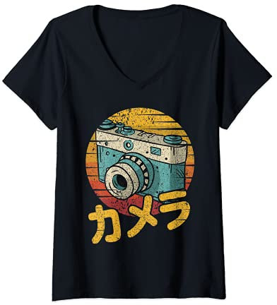 Womens Retro Japanese Analog SLR Vintage Film DSLR Photo Camera V-Neck T-Shirt