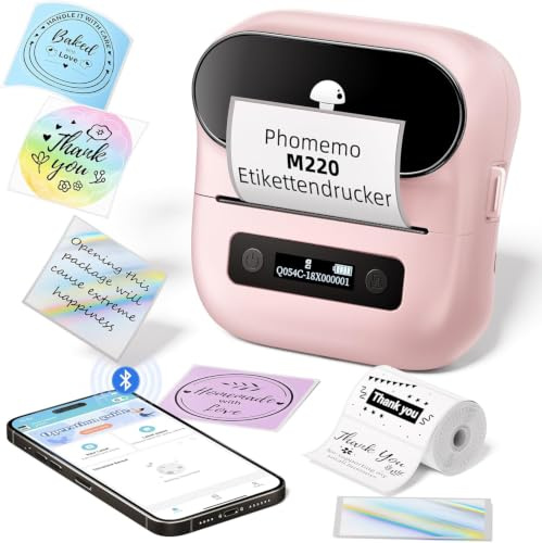 Phomemo M220 Imprimante d'étiquettes,Imprimante d'étiquettes Bluetooth Portable Etiqueteuse Thermique, Convient pour Bureau, Câble, Boutique, Compatible avec Smartphones et PC,Rose