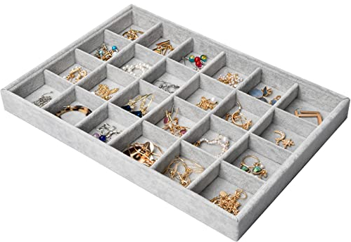 Catime 24 Grids Velvet Jewellery Tray for Drawers, Stackable Jewelry Storage Tray Organiser, Removable Jewelry Display Trays for Ring Bracelet Earring Necklace, 35x24x3cm (Gray)