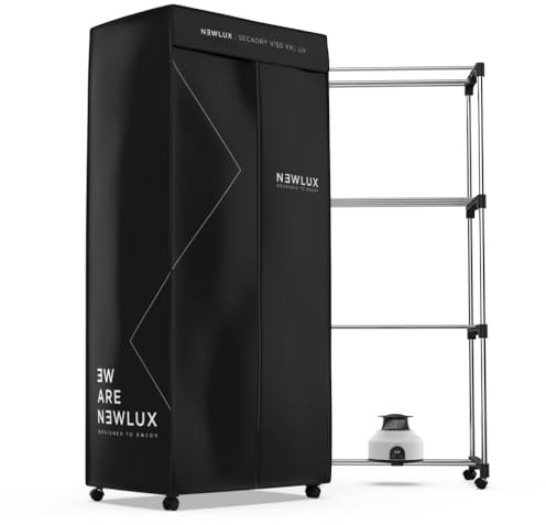 Newlux - Séchoir à Linge Électrique Portable Secadry (1200W) avec Lumière UV pour Désinfecter. Capacité 15Kg, Temp. 180min, 4 Niveaux. Séchoir par Ventilation idéal comme Armoire et Séchoir, Noir