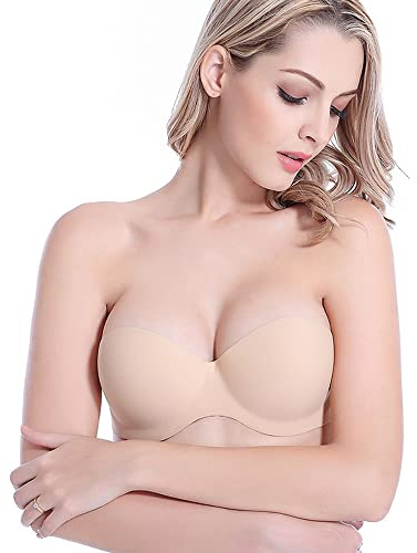 Sujetador Sin Tirantes, Invisible Sujetador Ladies Sexy Bandeau Relleno con Aros Tirantes Transparente para Mujer Vestido de Noche, Antideslizante (as4, Numeric, jaspo_2X_o, jaspo_2X_OT, Desnudo, C)