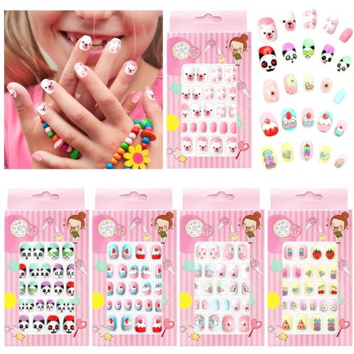 ZOCONE 120 PCS Uñas Postizas de Niñas Cubierta Completa Cortas Uñas Falsas de Niños Dibujos Animados Lindo 5 Cajas, Cumpleaños Navidad Regalo para Niñas Niños (A)