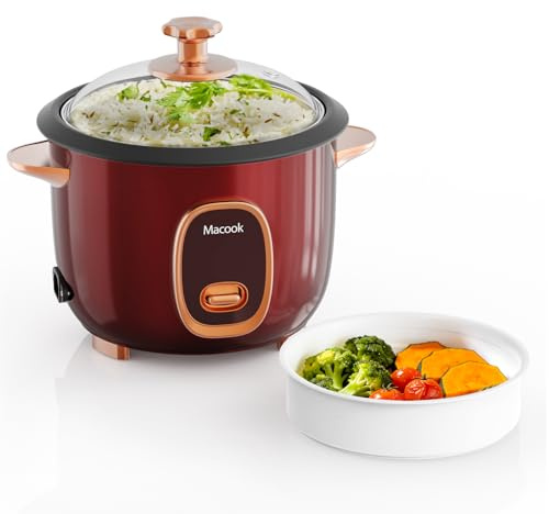 Macook Reiskocher & Dampfgarer mit Antihaft-Innentopf - 1L, Burgunderrot - Für 1-5 Personen - Schnelle Zubereitung ohne Anbrennen - Mit Warmhaltefunktion inkl. Dämpfeinsatz, Löffel & Messbecher