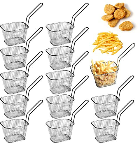 Sporgo 12 cestini per patatine fritte: piccoli cestini in acciaio inox color argento, per patatine fritte, cestini con manico, cestino per patatine fritte, anelli di cipolla, pepite di pollo (1)